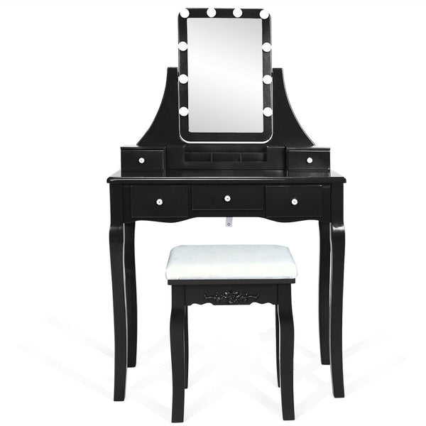 10 Dimmable Bulbs Vanity Dressing Table with 2 Dividers and Cushioned Stool