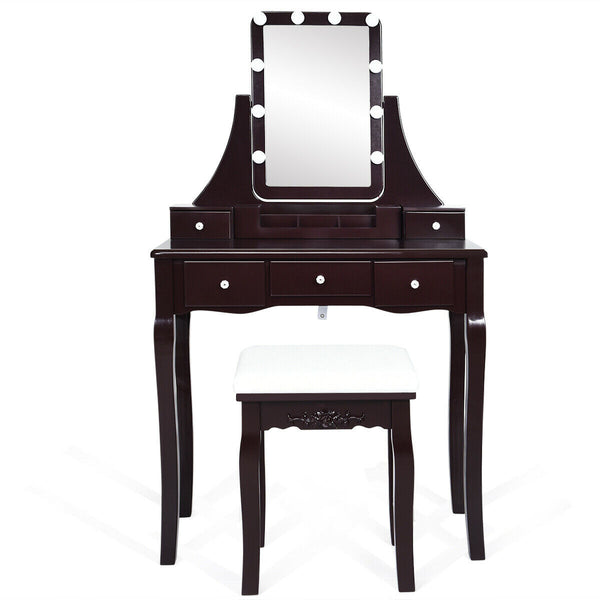 10 Dimmable Bulbs Vanity Dressing Table with 2 Dividers and Cushioned Stool