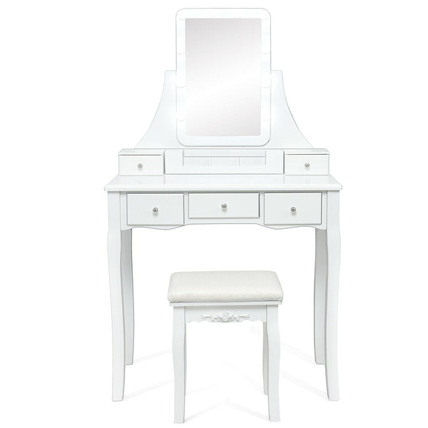 10 Dimmable Bulbs Vanity Dressing Table with 2 Dividers and Cushioned Stool
