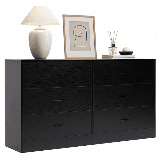 Vebreda Modern 6 Drawer Dresser for Bedroom, Black Storage Cabinet with Metal Handles, Wide Wooden Chest for Clothes, Living Room, or Office