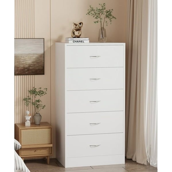 Vebreda Modern 5 Drawer Dresser for Bedroom, White Storage Cabinet with Metal Handles, Wide Wooden Chest for Clothes, Living Room, or Office